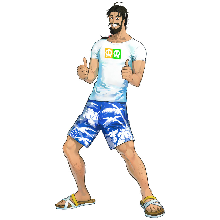 1boy ahoge b_suke beard black_eyes black_hair blue_shorts double_thumbs_up edward_teach_(fate) facial_hair fate/grand_order fate_(series) full_body game_cg grin hawaiian_clothes highres leg_hair looking_at_viewer male_focus mustache official_art open_mouth print_shirt sandals shirt shorts smile solo standing tachi-e thumbs_up tied_beard transparent_background white_shirt