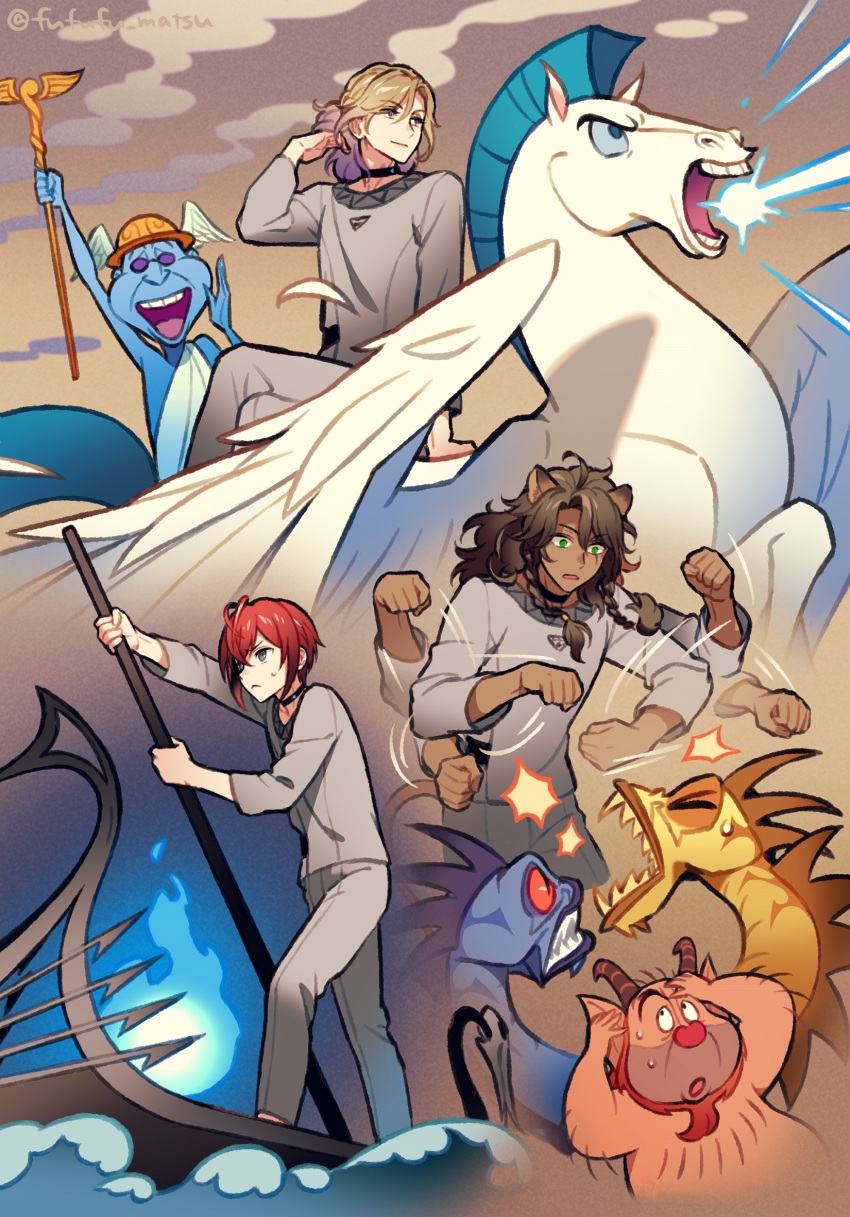 5boys animal_ears blonde_hair blue_fire boat brown_hair commentary_request crossed_legs fire funuyu goat_boy gradient_hair hercules_(1997_film) hermes_(disney) highres horseback_riding hydra hydra_(disney) leona_kingscholar lion_boy lion_ears long_hair male_focus monster multicolored_hair multiple_boys pegasus pegasus_(disney) philoctetes purple_hair red_hair riddle_rosehearts riding rowing short_hair twisted_wonderland vil_schoenheit watercraft