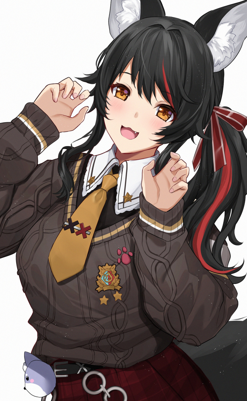 1girl animal_ear_fluff animal_ears aran_sweater black_hair breasts brown_sweater cable_knit claw_pose collared_shirt commentary_request contrast_collar fang hands_up head_tilt highres hololive knit_sweater large_breasts light_blush long_hair long_sleeves looking_at_viewer multicolored_hair necktie official_alternate_costume ookami_mio ookami_mio_(10th_costume) open_mouth paw_print_ornament plaid_clothes plaid_skirt red_hair shirt short_necktie side_ponytail sidelocks simple_background skirt smile solo streaked_hair sweater sweater_partially_tucked_in tail two-tone_hair untue upper_body virtual_youtuber white_background wolf_ears wolf_girl wolf_tail yellow_eyes yellow_necktie