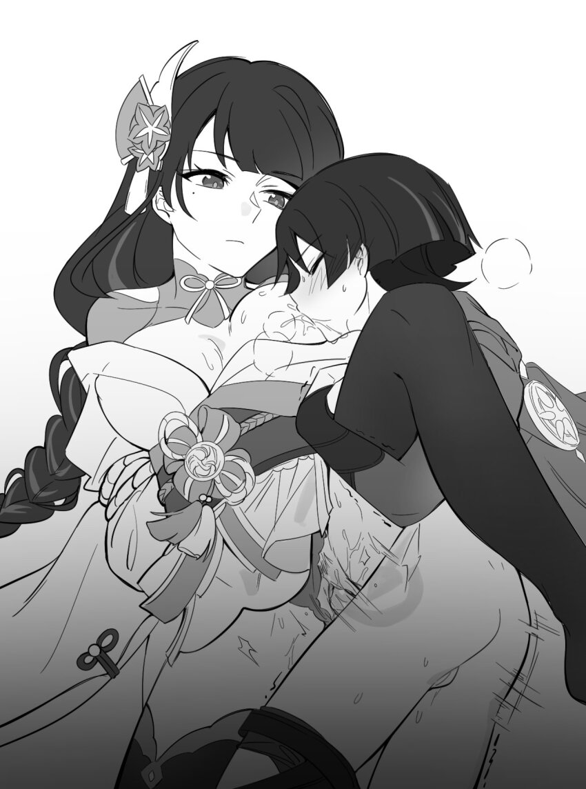 1boy 1girl armor braid breast_sucking breasts closed_eyes closed_mouth emotionless_sex female_pubic_hair genshin_impact greyscale hair_ornament hetero highres incest japanese_armor japanese_clothes kote large_breasts leg_on_another&#039;s_shoulder leg_up llxx88103769 long_hair mole mole_under_eye monochrome obiage one_breast_out penis pubic_hair raiden_shogun scaramouche_(genshin_impact) sex simple_background single_braid standing standing_sex sweat tassel thighhighs vaginal wanderer_(genshin_impact)