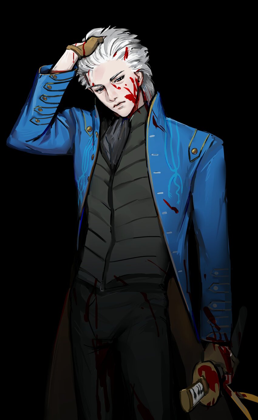 1boy absurdres arksia blood blood_on_clothes blood_on_face blood_on_hands blue_coat blue_eyes coat devil_may_cry devil_may_cry_(series) devil_may_cry_3 fingerless_gloves gloves hair_slicked_back highres holding male_focus red_coat solo vergil_(devil_may_cry) weapon white_hair yamato_(sword)