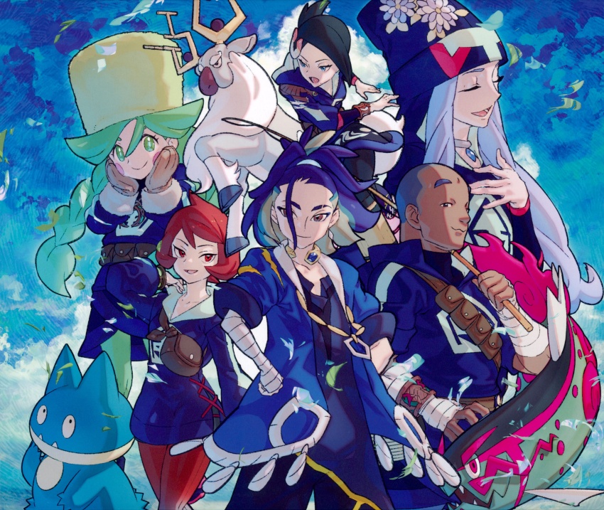 3boys 3girls 3others absurdres adaman_(pokemon) antlers arezu_(pokemon) bag basculegion basculegion_(male) blue_hair braid dark-skinned_male dark_skin diamond_clan_outfit fangs fishing_rod gen_4_pokemon gloves green_hair hair_ornament hat highres holding holding_fishing_rod hood horns iscan_(pokemon) jewelry kazama_raita looking_at_viewer mai_(pokemon) melli_(pokemon) multiple_boys multiple_girls multiple_others munchlax neck_ring nintendo official_art pokemon pokemon_(creature) pokemon_legends:_arceus red_hair sabi_(pokemon) satchel smile third-party_source tusks twin_braids wyrdeer