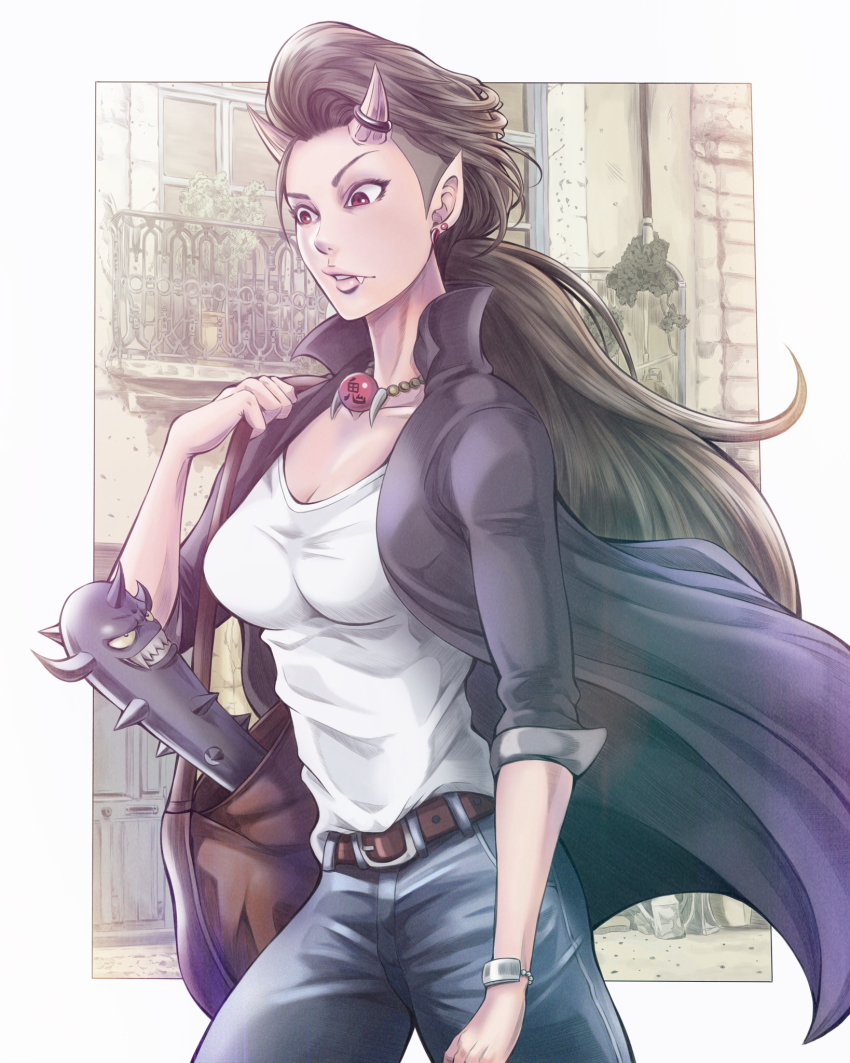 1girl bag belt black_coat black_hair bracelet breasts cleavage club club_(weapon) coat denim earrings fang female_focus grin handbag highres horn_ornament horn_ring horns jeans jewelry kanabou lips living_weapon long_coat long_hair medium_breasts oni oni_horns oni_nee-san_(to-ru) original pants pearl_bracelet pointy_ears red_eyes sleeves_pushed_up smile solo spiked_club to-ru undercut walking weapon