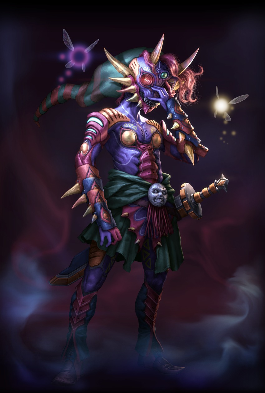 1boy ag+_(atelieriji) alternate_universe colored_skin dark dark_persona full_body hat highres link majora_(entity) male_focus mask moon nintendo purple_skin red_hair sheath sheathed solo standing sword tael tatl the_legend_of_zelda the_legend_of_zelda:_majora&#039;s_mask weapon