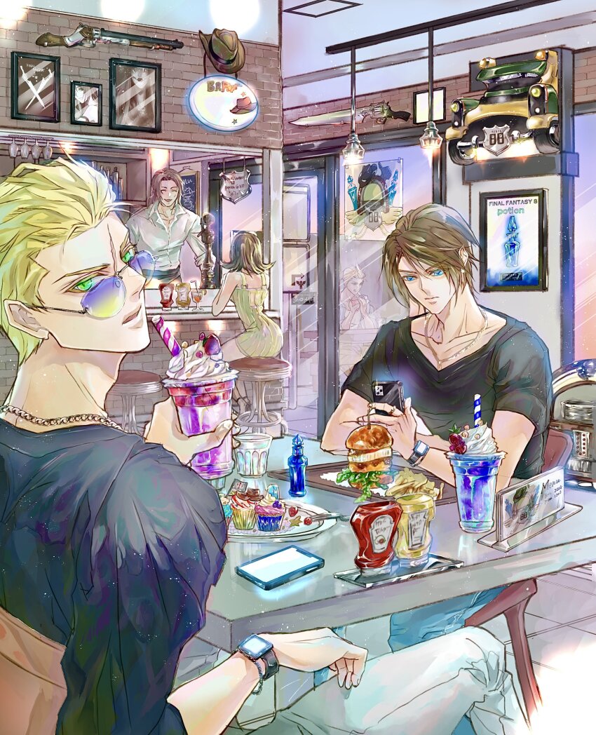 1girl 4boys absurdres aqua_eyes bar_(place) bar_stool bare_shoulders black_shirt blonde_hair blue_pants breasts brick_wall brown_hair burger chain chain_necklace closed_eyes collared_shirt cowboy_hat cup cupcake curly_hair denim diner drinking_straw eni_(yoyogieni) final_fantasy final_fantasy_viii food green_eyes grey_pants gun hair_slicked_back hat highres holding holding_cup holding_phone ice_cream ice_cream_float indoors irvine_kinneas jeans jewelry ketchup_bottle long_hair long_sleeves looking_at_phone looking_at_viewer looking_back medium_breasts multiple_boys mustard_bottle necklace overalls pants parted_bangs parted_lips phone picture_frame scar scar_on_face scar_on_forehead seifer_almasy selphie_tilmitt shirt short_hair short_sleeves shotgun sitting sleeves_rolled_up smile squall_leonhart stool sunglasses table v-neck weapon white_shirt yellow_overalls zell_dincht