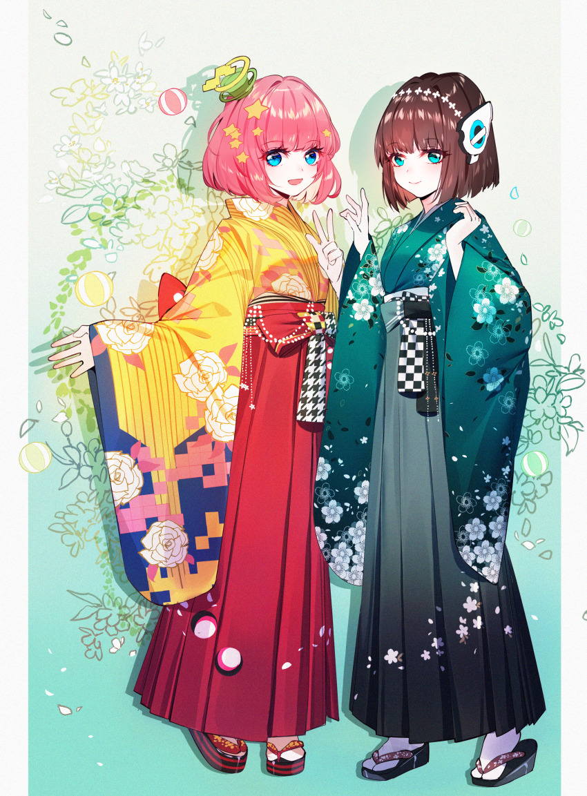 2girls :d absurdres ball baocaizi black_footwear black_hakama blue_eyes blush brown_hair character_request closed_mouth commentary floral_background floral_print gradient_hakama green_kimono grey_hakama hair_ornament hakama hakama_skirt hand_up hands_up headgear highres huge_filesize izu_(kamen_rider_01) japanese_clothes kamen_rider kamen_rider_01_(series) kamen_rider_ex-aid_(series) kimono long_sleeves multiple_girls open_mouth pink_hair poppi_pipopapo print_kimono red_hakama sandals short_hair skirt sleeves_past_wrists smile socks star_(symbol) star_hair_ornament tabi v white_legwear wide_sleeves yellow_kimono zouri