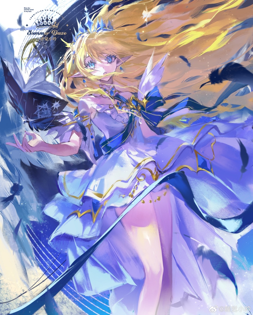 absurdres blonde_hair blue_background blue_bow blue_bowtie blue_eyes blue_headwear blue_sash book bow bowtie check_copyright chinese_commentary clothes_lift commentary_request copyright_request dress dress_lift earrings eyelashes feathers floating floating_book floating_object gold_trim grimoire hair_lift highres jewelry long_hair magic_circle open_book original outstretched_hand parted_lips pointy_ears sample_watermark sash short_dress strapless strapless_dress telekinesis tiara turning_page two-tone_background very_long_hair watermark weibo_watermark weibo_watermark white_background white_dress wind wind_lift wings zi_yin