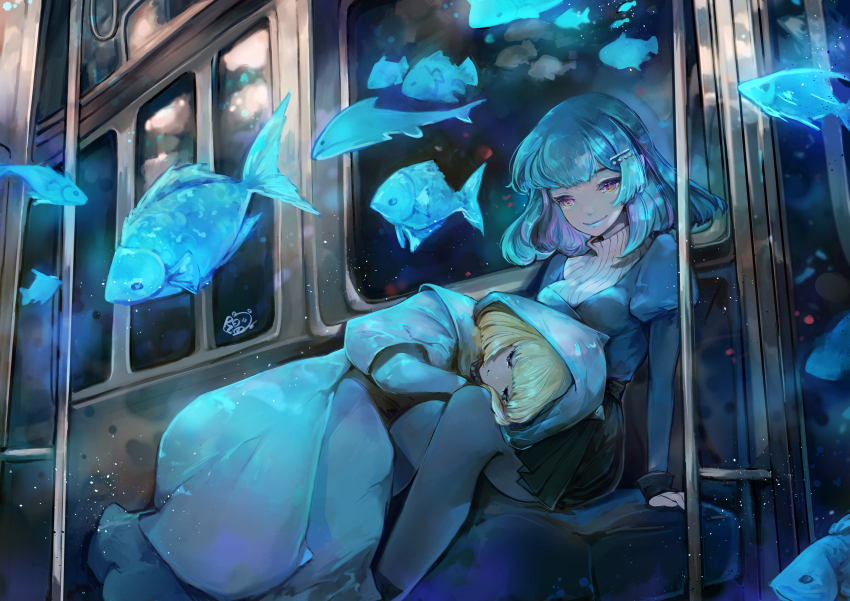 2girls absurdres bioluminescence blonde_hair breasts brown_dust_(series) brown_dust_2 cloak dress feet_out_of_frame fish glowing hair_ornament hairclip hand_on_knees highres hood hooded_cloak juliet_sleeves justia_(brown_dust) justia_(white_reaper)_(brown_dust) long_sleeves looking_at_another lying_on_lap medium_breasts medium_hair multiple_girls pleated_skirt puffy_sleeves scheherazade_(brown_dust) scheherazade_(the_lapis_witch)_(brown_dust) short_hair skirt sleeping sparkle sweater train_interior turtleneck turtleneck_sweater underwater youzhen_wen