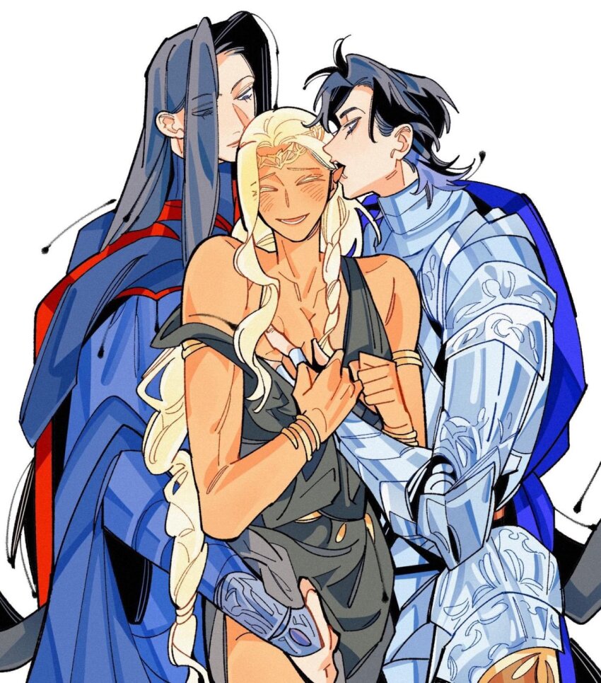 3girls armlet armor between_legs black_dress black_hair blonde_hair blue_robe bracelet commentary drenched-in-sunlight dress elden_ring elden_ring:_shadow_of_the_erdtree girl_sandwich grabbing_another&#039;s_breast groping hand_between_legs highres jewelry licking licking_another&#039;s_face multiple_boys multiple_girls queen_marika_the_eternal rellana_twin_moon_knight rennala_queen_of_the_full_moon robe sandwiched shimaidon_(sex) siblings sisters smile symbol-only_commentary tall_female yuri