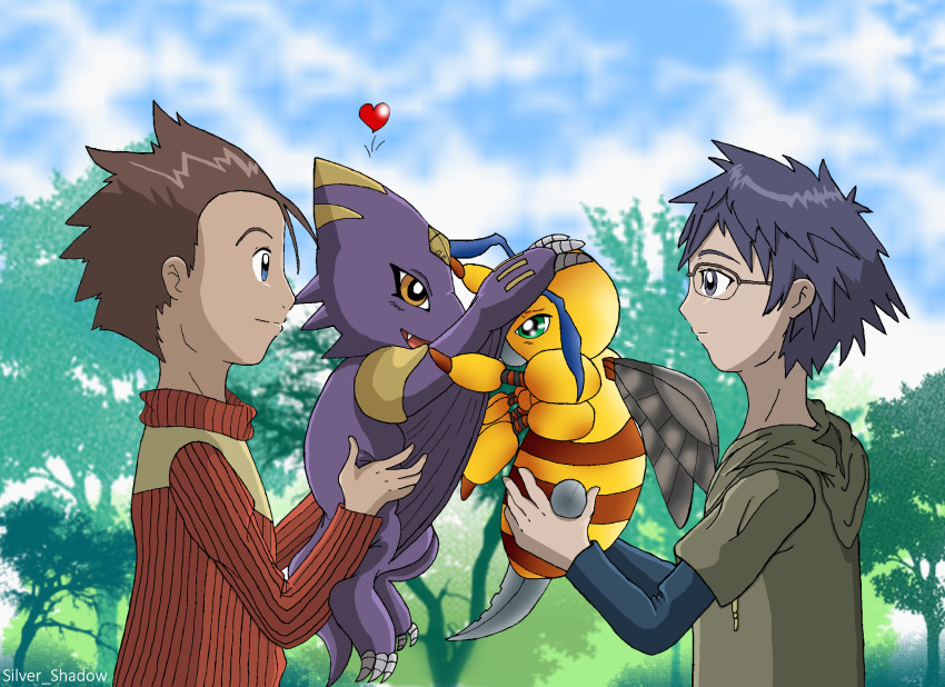 2boys akiyama_ryo bee bug digimon dragon funbeemon glasses highres ichijouji_osamu insect monodramon multiple_boys wings