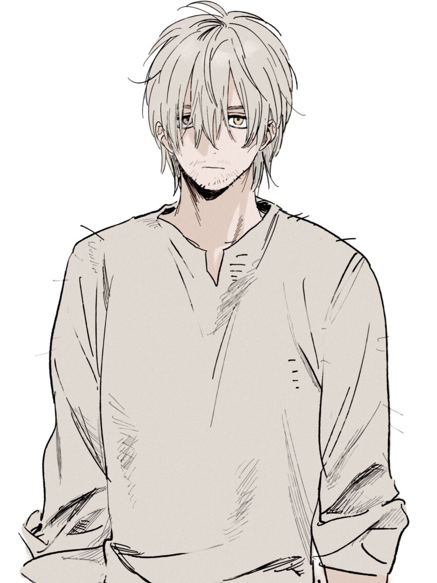 1boy beard_stubble closed_mouth dungeon_meshi facial_hair frs2 grey_hair grey_shirt hair_between_eyes highres laios_touden looking_at_viewer male_focus messy_hair orange_eyes shirt simple_background solo stubble upper_body white_background