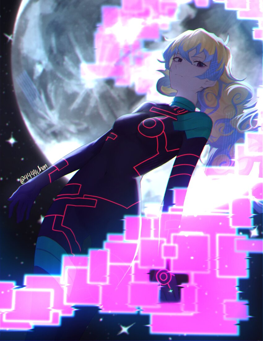 1girl 4444chen absurdres antispiral_nia black_eyes blonde_hair bodysuit breasts dark_persona expressionless glitch highres long_hair looking_at_viewer moon nia_teppelin small_breasts solo space star_(sky) tengen_toppa_gurren_lagann wavy_hair