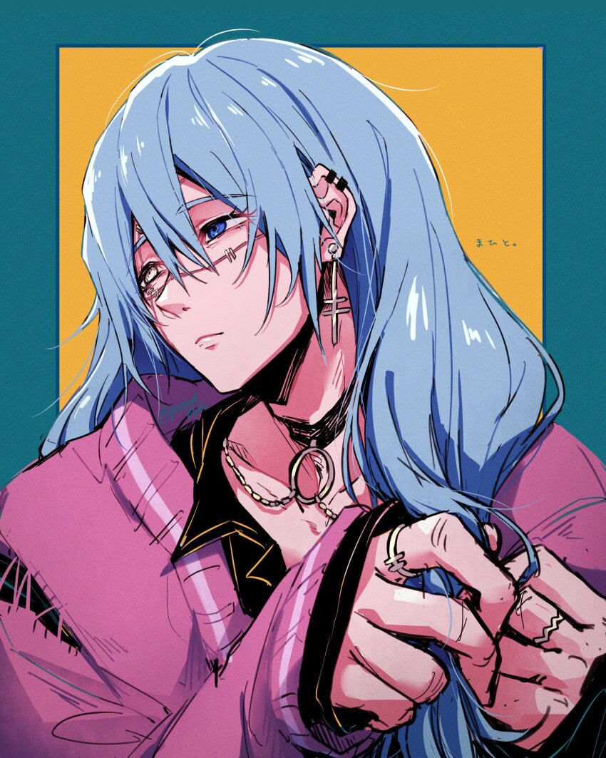 1boy absurdres akasuzu3641 alternate_costume black_choker blue_eyes blue_hair choker closed_mouth ear_piercing earrings eyelashes hair_between_eyes heterochromia highres jacket jewelry jujutsu_kaisen long_hair low-tied_long_hair mahito_(jujutsu_kaisen) male_focus multiple_rings piercing pink_jacket ring single_earring solo stitched_arm stitched_face stitches torn_clothes tying_hair upper_body yellow_eyes
