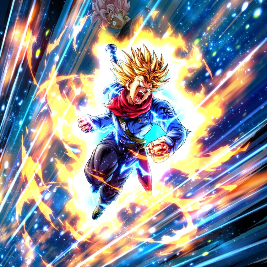 2boys angry aura blonde_hair dragon_ball dragon_ball_legends dragon_ball_super goku_black multiple_boys official_art pink_hair screaming serious spiked_hair super_saiyan super_saiyan_rage super_saiyan_rose sword trunks_(dragon_ball) trunks_(future)_(dragon_ball) weapon