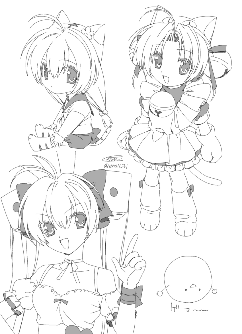 3girls absurdres animal_ears animal_hands animal_hat antenna_hair apron back_bow bell bow cat_girl cat_hat cat_tail choker collarbone dejiko detached_sleeves di_gi_charat dice_hair_ornament dress footwear_ribbon full_body gema gloves greyscale hair_bell hair_between_eyes hair_bow hair_ornament hair_ribbon hat highres index_finger_raised jingle_bell long_hair low_twintails medium_hair menma_(enaic31) monochrome multiple_girls neck_bell neckerchief off-shoulder_shirt off_shoulder open_mouth parted_bangs paw_gloves paw_shoes puchiko puffy_detached_sleeves puffy_sleeves rabbit_ears ribbon ribbon_choker sailor_collar sailor_shirt shirt short_sleeves shorts sitting smile tail twintails two_side_up usada_hikaru wrist_ribbon