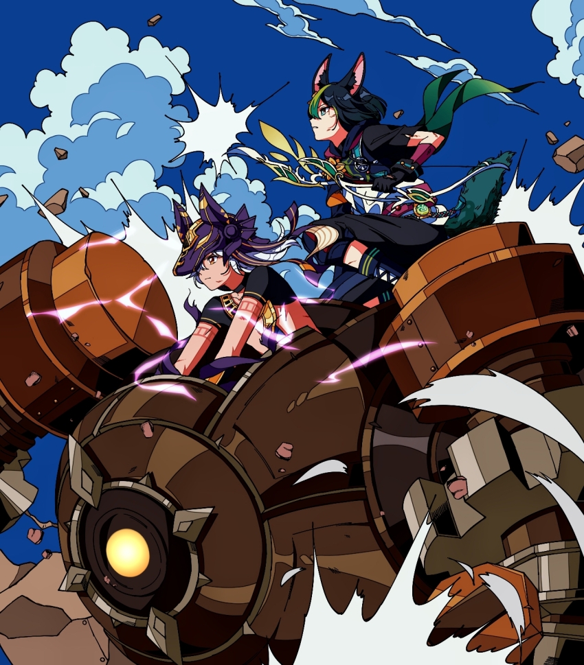 2boys ancient_egyptian_clothes animal_ears animal_hat black_choker black_gloves black_hair black_pants blue_sky blunt_ends bow_(weapon) brown_eyes cape capri_pants chinese_commentary choker closed_mouth cloud commentary_request crop_top cyno_(genshin_impact) dark-skinned_male dark_skin day debris drawstring electricity expressionless fake_animal_ears floating_hair fox_boy fox_ears fox_tail genshin_impact gloves green_cape green_eyes green_hair hair_over_one_eye hat highres holding holding_bow_(weapon) holding_weapon hood hood_down hoodie hunter&#039;s_path_(genshin_impact) jackal_ears long_hair male_focus medal multicolored_clothes multicolored_hair multiple_boys one_eye_covered outdoors pants parted_lips purple_headwear purple_ribbon purple_sash ribbon riding robot rock ruin_golem_(genshin_impact) sash secretmirage short_hair short_sleeves sky streaked_hair tail tassel tighnari_(genshin_impact) usekh_collar v-shaped_eyebrows vision_(genshin_impact) weapon white_hair wrist_cuffs