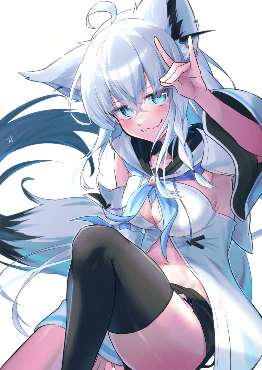 1girl ahoge animal_ear_fluff animal_ear_piercing animal_ears aqua_eyes aqua_neckerchief aqua_trim arm_up black_shorts black_thighhighs blush breasts cleavage closed_mouth detached_sleeves fox_ears fox_girl fox_tail front_slit hair_between_eyes highres hololive kamkampan long_hair long_sleeves looking_at_viewer medium_breasts navel neckerchief pentagram shirakami_fubuki shirakami_fubuki_(1st_costume) shirt short_shorts shorts simple_background smile solo stomach tail thighhighs thighs virtual_youtuber wavy_mouth white_background white_hair white_shirt wide_sleeves
