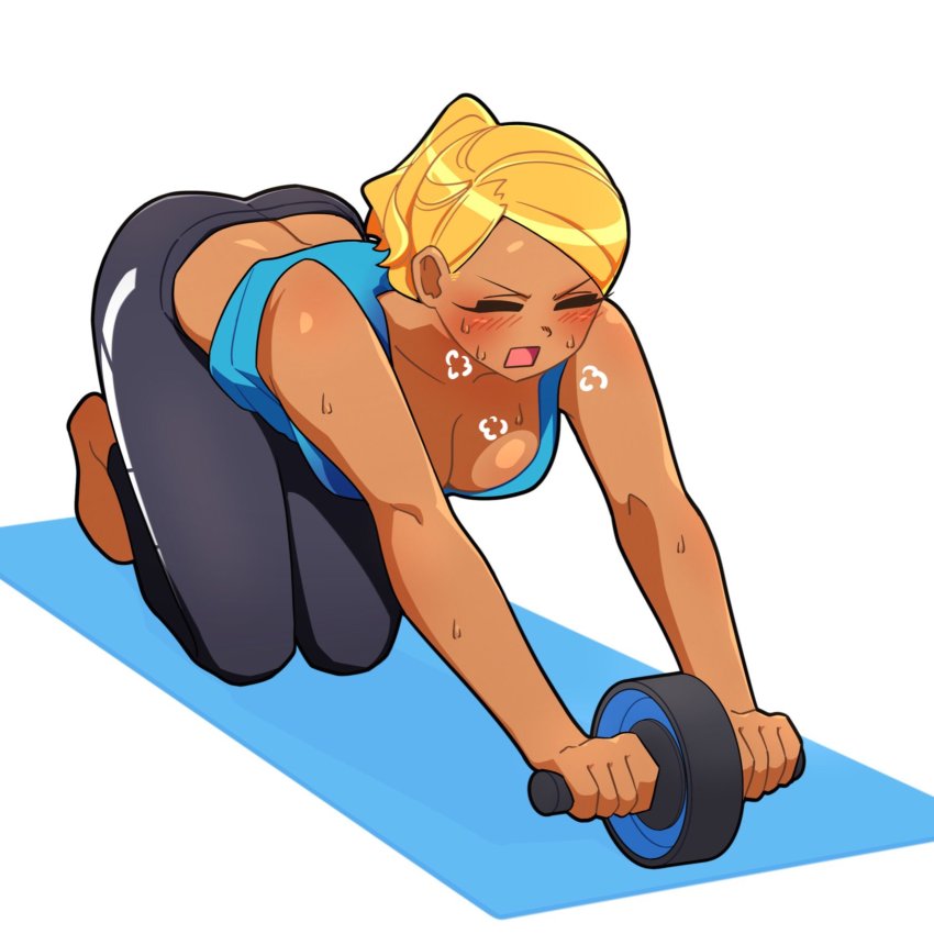 1girl all_fours ass black_eyes blonde_hair blue_shirt blush breasts breath cleavage dark_skin dark-skinned_female exercising exercise_wheel closed_eyes full_body highres komi-san_wa_komyushou_desu large_breasts lecca_aisu manbagi_rumiko open_mouth pants ponytail shirt side_ponytail solo sports_bra sweat yoga_mat yoga_pants