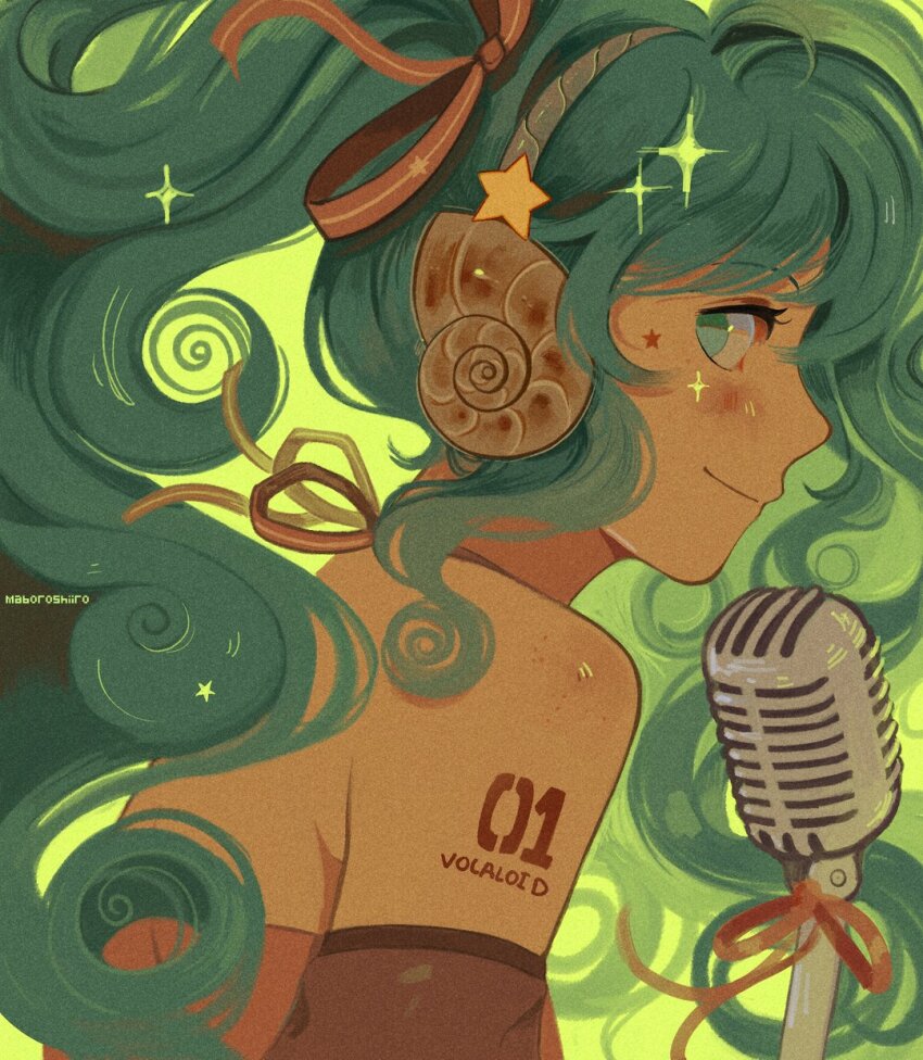 1girl ammonite closed_mouth copyright_name detached_sleeves eyelashes from_side green_eyes hair_ribbon hatsune_miku headphones highres long_hair looking_at_viewer maboroshiiro microphone_stand ribbon seashell shell simple_background solo sparkle star_(symbol) upper_body vocaloid