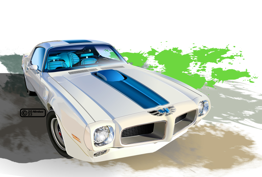 artist_name car copyright_notice dated highres motor_vehicle muscle_car nimbus_goldbrum no_humans original paint_splatter pontiac pontiac_firebird steering_wheel vehicle_focus