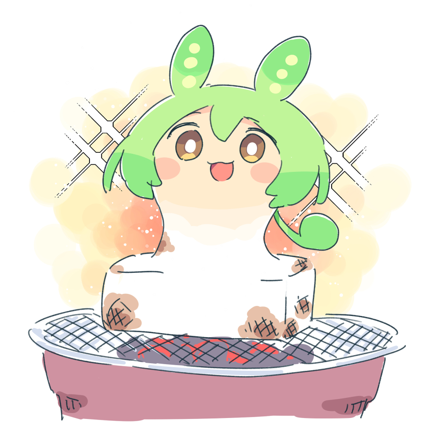 1girl ayakashi_(monkeypanch) blush_stickers bright_pupils brown_eyes commentary food foodification full_body green_hair grill highres long_hair looking_at_viewer mochi nameplay no_nose open_mouth shichirin solo voicevox white_background white_pupils yakimochi zundamon