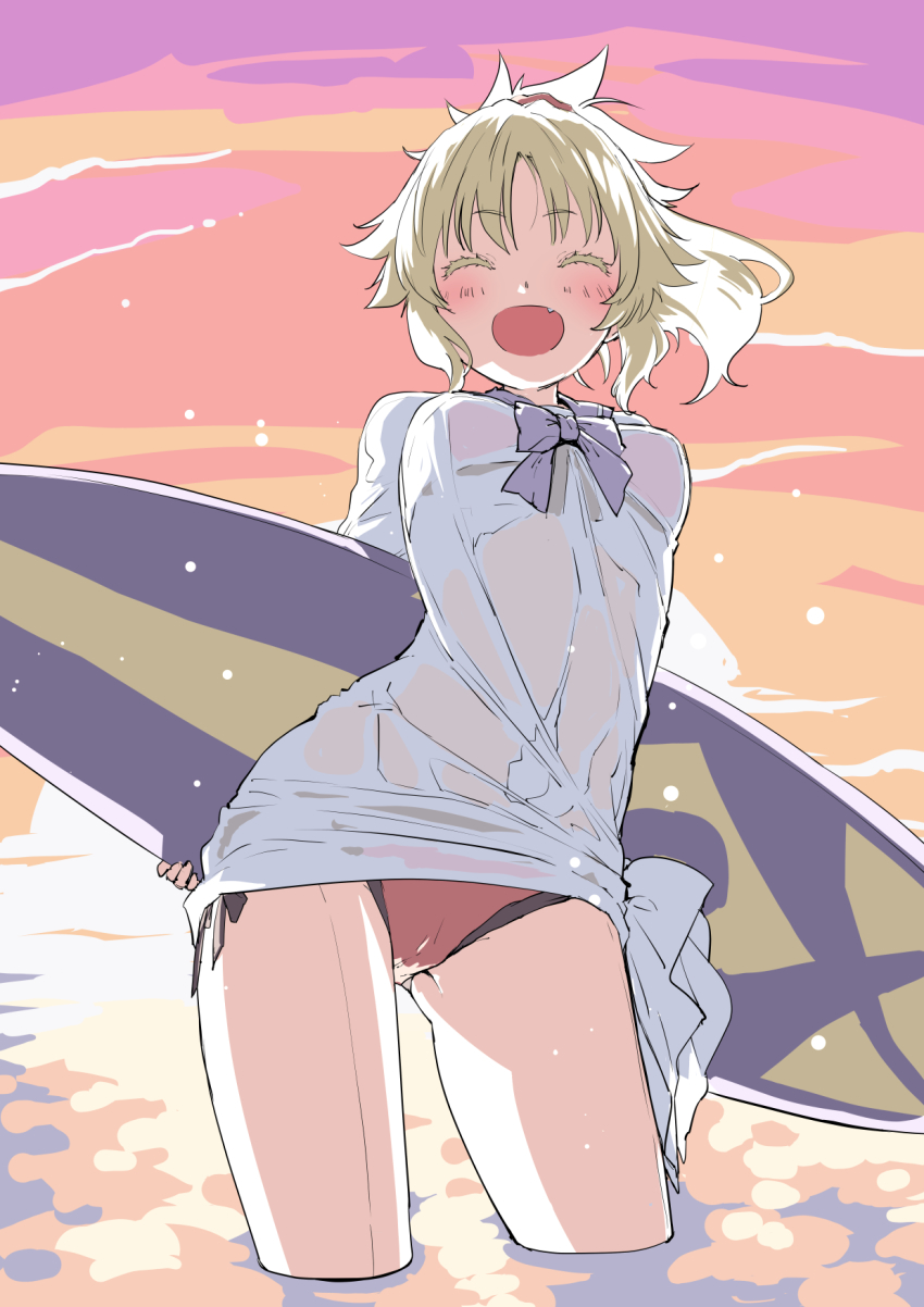 1girl arms_behind_back bikini bikini_under_clothes blonde_hair blush breasts closed_eyes cloud colored_eyelashes contrapposto fate/grand_order fate_(series) gluteal_fold groin_tendon highres mordred_(fate) mordred_(swimsuit_rider)_(fate) mordred_(swimsuit_rider)_(second_ascension)_(fate) mozu_(peth) orange_sky prydwen_(fate) purple_sky red_bikini red_scrunchie red_sky scrunchie side-tie_bikini_bottom sky small_breasts smile solo sunset swimsuit swimsuit_under_clothes wading wet wet_clothes