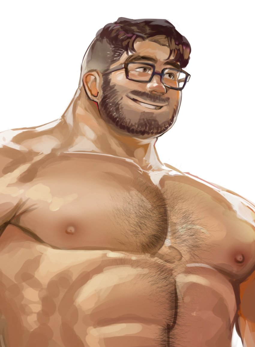 1boy abs bara beard chest_hair chivo_(kalchivo) completely_nude facial_hair glasses hairy highres large_pectorals looking_to_the_side male_focus mature_male muscular muscular_male nipples nude original pectoral_focus pectorals short_hair smile solo undercut upper_body