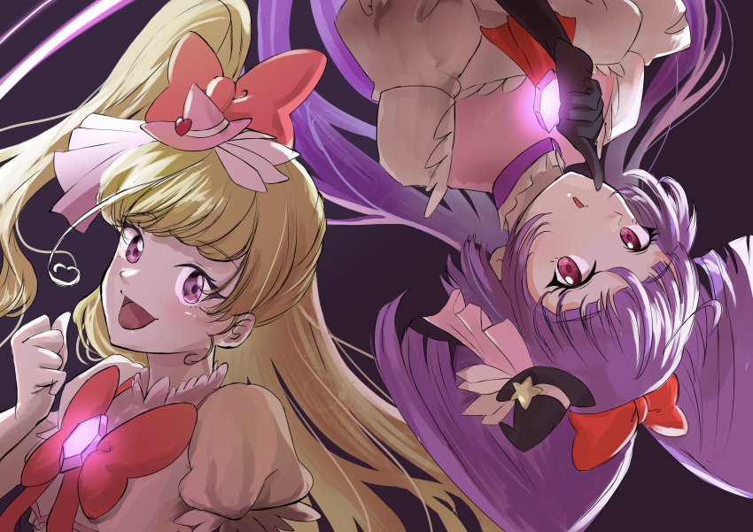 2girls absurdres asahina_mirai black_gloves black_hat blonde_hair blush bow bowtie brooch commentary_request cure_magical cure_miracle dress elbow_gloves gloves hair_bow hat highres izayoi_liko jewelry long_hair magical_girl mahou_girls_precure! mahou_girls_precure!!_mirai_days multiple_girls nekonatsu one_side_up open_mouth pink_eyes pink_hat precure puffy_short_sleeves puffy_sleeves purple_eyes purple_hair red_bow red_bowtie short_sleeves smile upper_body white_dress white_gloves witch_hat