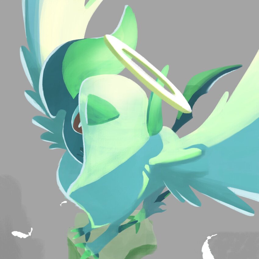 absol alternate_color bright_pupils claws closed_mouth feathers gen_3_pokemon green_hair halo highres horns looking_up mega_absol mega_pokemon monomo_monomos nintendo pokemon pokemon_(creature) red_eyes shadow solo standing white_pupils wings