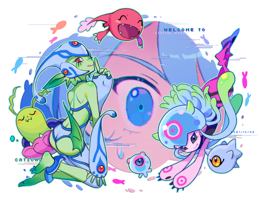 2girls ass breasts clothing_cutout colored_skin digimon digimon_(creature) digimon_ghost_game fish frog_girl green_skin helmet higashimitarai_kiyoshiro jellyfish jellymon kneeling kuramon looking_back monster_girl multiple_girls navel_cutout one-piece_swimsuit otamamon_(red) pink_skin puyomon ranamon red_eyes shakomon swimsuit yellow_eyes