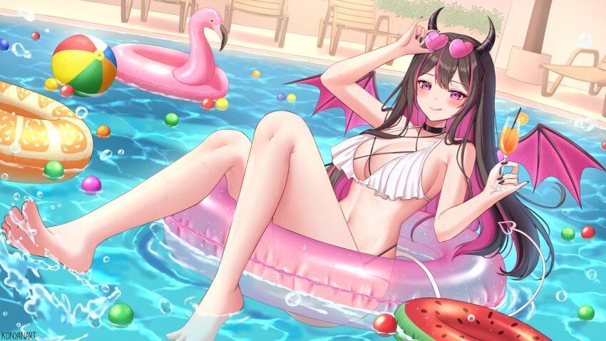 1girl :q absurdres artist_name ball barefoot beachball black_choker black_hair black_nails breasts chair choker cleavage closed_mouth demon_girl demon_horns demon_wings drinking_straw feet flamingo_innertube food fruit heart heart-shaped_eyewear highres horns hyuniebee_(vtuber) indie_virtual_youtuber innertube knees_together_feet_apart konyanart large_breasts legs long_hair multicolored_hair navel orange_(fruit) orange_slice pool purple_eyes purple_hair second-party_source soles solo streaked_hair striped_horns sunglasses swim_ring toes tongue tongue_out virtual_youtuber water wings