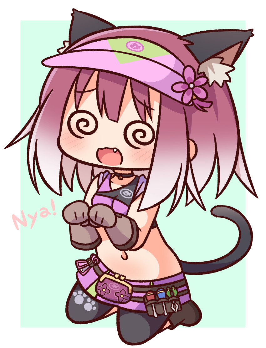 1girl :d @_@ animal_ear_fluff animal_ears bare_shoulders black_leggings black_shirt blush boots breasts brown_boots brown_gloves cat_ears cat_girl cat_tail chibi commentary_request crop_top facing_viewer fang flower full_body gloves gradient_hair green_background hair_between_eyes hana_kazari hands_up hat highres kneeling leggings multicolored_hair navel nyan open_mouth pink_hat pink_skirt pleated_skirt princess_connect! purple_flower purple_hair revision shirt skirt sleeveless sleeveless_shirt small_breasts smile solo tail tamaki_(mechanic)_(princess_connect!) tamaki_(princess_connect!) two-tone_background visor_cap white_background white_hair