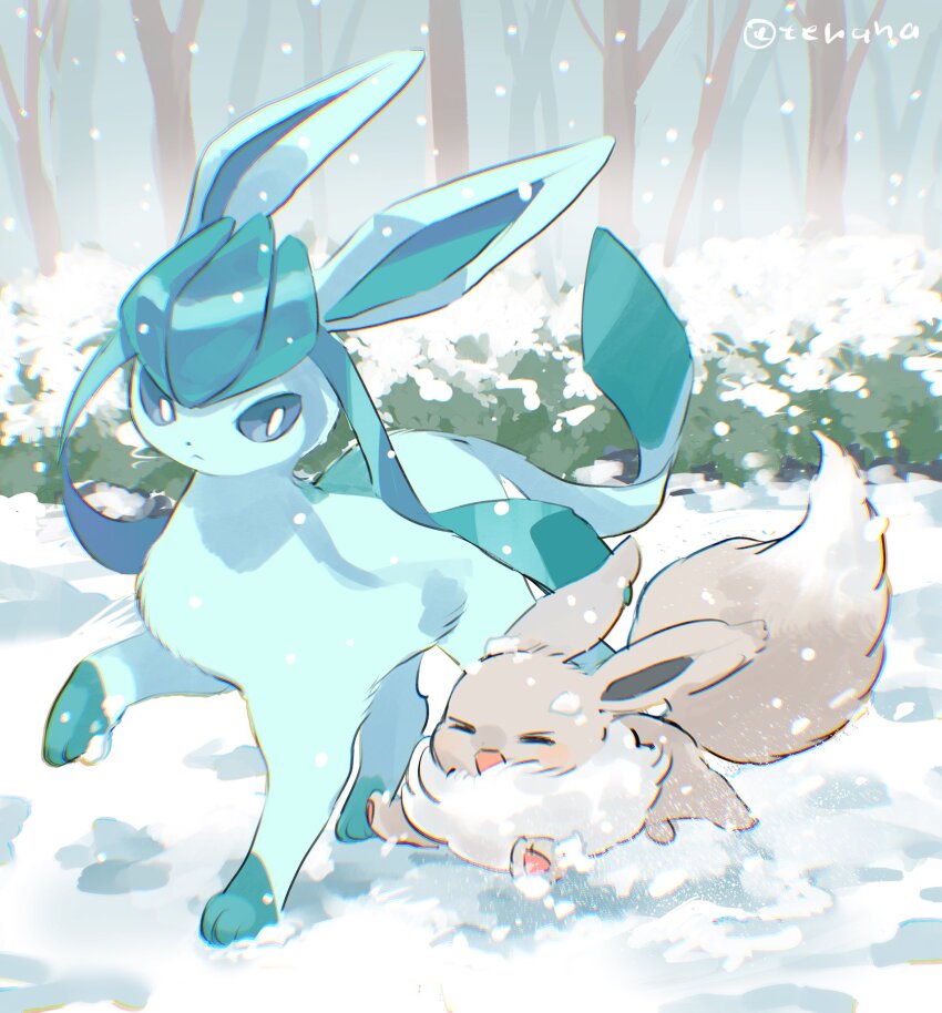 alternate_color amezawa_koma blush bright_pupils closed_eyes closed_mouth commentary eevee gen_1_pokemon gen_4_pokemon glaceon highres looking_down nintendo no_humans open_mouth outdoors pokemon pokemon_(creature) running shiny_pokemon sidelocks snow symbol-only_commentary tree twitter_username white_pupils winter