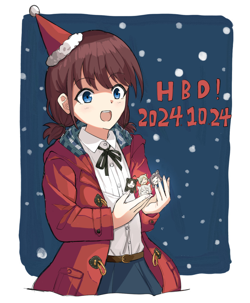 1girl :3 awa_subaru belt black_ribbon blue_background blue_eyes blue_skirt border brown_belt brown_hair coat commentary dated dress_shirt ebizuka_tomo girls_band_cry happy_birthday hat highres hood hood_down hooded_coat iseri_nina kawaragi_momoka low_twintails neck_ribbon open_clothes open_coat open_mouth party_hat red_coat ribbon rupa_(girls_band_cry) sagittarius_(cruxhkg) shirt short_hair short_twintails skirt solo teeth togenashi_togeari twintails upper_teeth_only white_border white_shirt