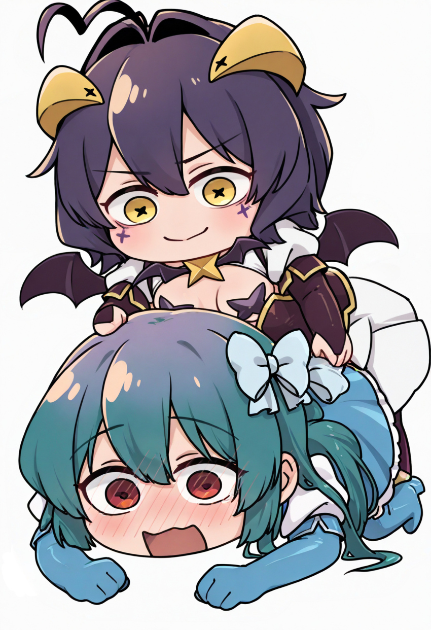 2girls all_fours bdsm blush chibi highres hiiragi_utena mahou_shoujo_ni_akogarete minakami_sayo multiple_girls note_kaga star-shaped_pupils star_(symbol) symbol-shaped_pupils wings