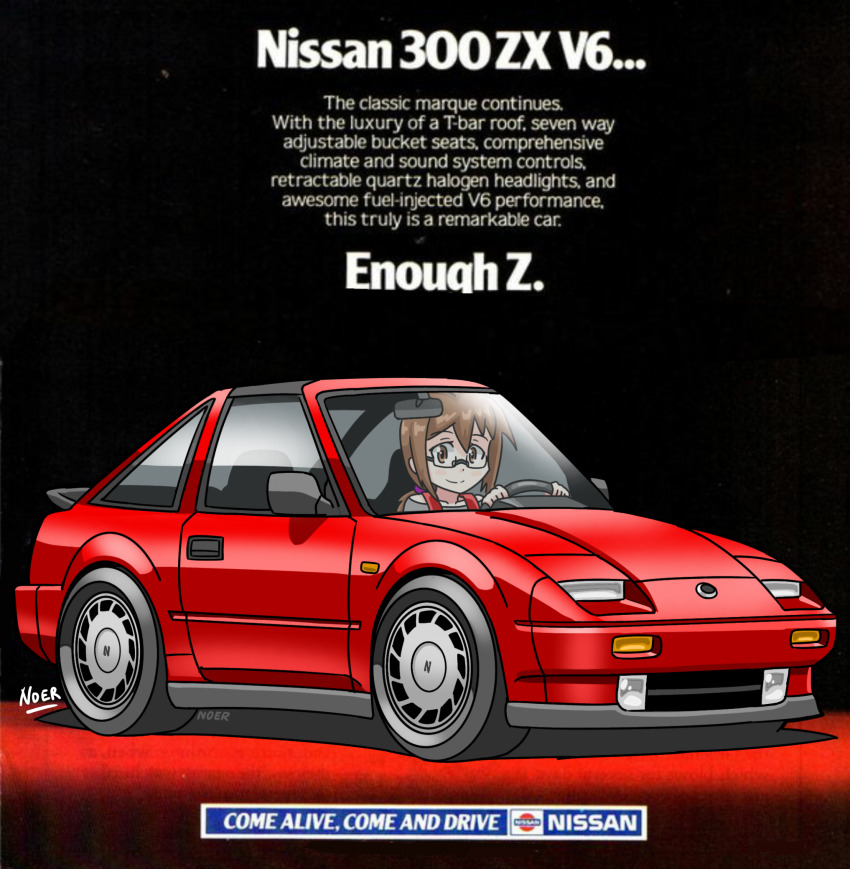 1girl ad blush brown_eyes brown_hair car collarbone driving english_text glasses grey_shirt highres looking_at_viewer low_ponytail motor_vehicle nissan nissan_300zx nissan_300zx_(z31) nissan_fairlady_z noerartworks off_shoulder original ponytail red_car shadow shirt smile solo sports_car vehicle_focus vehicle_name