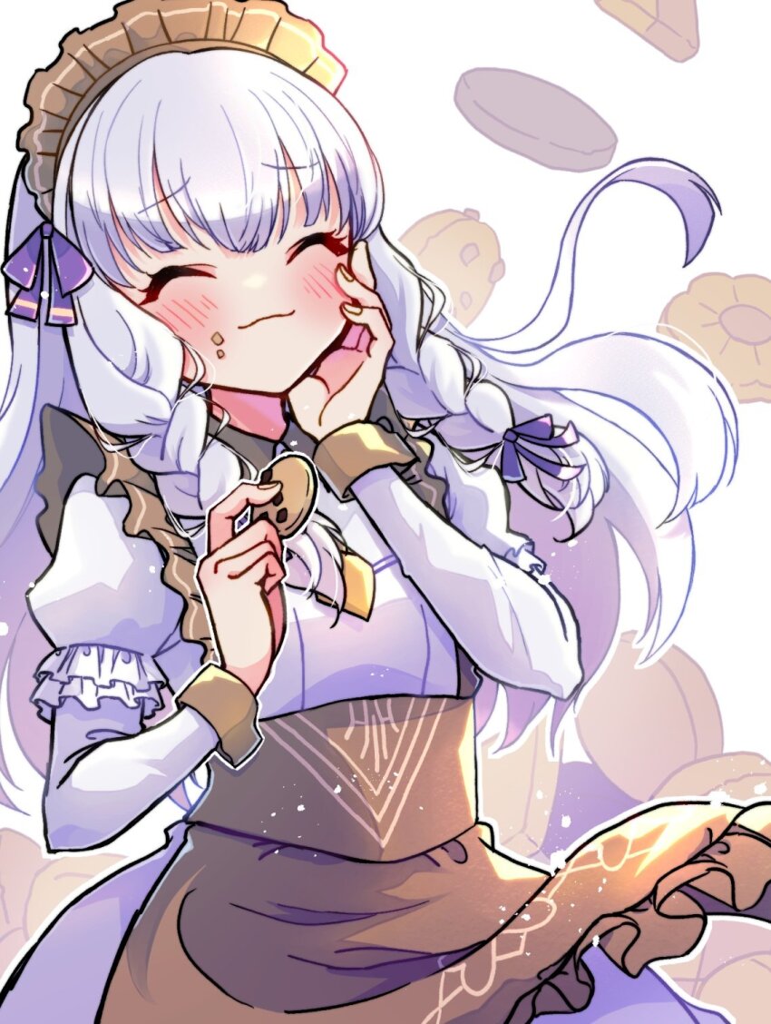 1girl apron blush braid brown_apron closed_eyes closed_mouth commentary cookie dress eating fire_emblem fire_emblem:_three_houses fire_emblem_heroes floating_hair food food_on_face frilled_sleeves frills gogatsu_(yeaholiday) hair_between_eyes hair_ribbon hand_on_own_face highres holding holding_cookie holding_food juliet_sleeves long_hair long_sleeves lysithea_von_ordelia lysithea_von_ordelia_(tea_party) maid_headdress nintendo no_nose official_alternate_costume official_alternate_hairstyle puffy_sleeves purple_ribbon ribbon smile solo twin_braids waist_apron white_dress white_hair