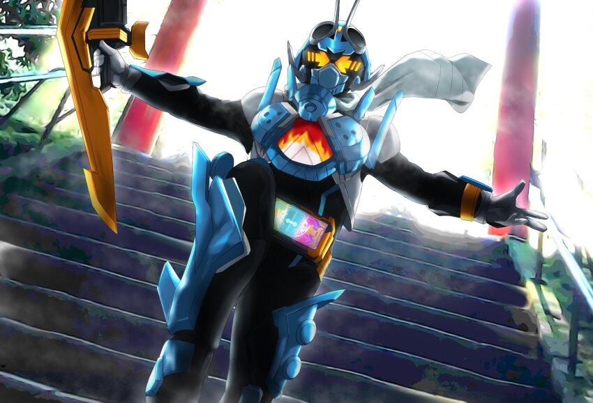 1boy antennae armor black_bodysuit blue_armor bodysuit bug gate gauntlets goggles goggles_on_head gotcha_driver gotchartornado grasshopper highres holding holding_weapon insect jumping kamen_rider kamen_rider_gotchard kamen_rider_gotchard_(series) leg_armor leg_up male_focus miyabi_(037) orange_eyes outstretched_arms railing scarf shoulder_armor spread_arms stairs standing standing_on_one_leg steam_hopper tokusatsu train weapon white_scarf