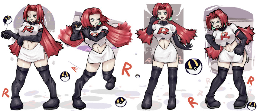 1girl absurdres black_boots black_gloves boots gloves highres midriff miniskirt navel nintendo poke_ball pokemon pokemon_gsc ragou2niko red_hair shirt skirt team_rocket team_rocket_grunt team_rocket_uniform thigh_boots twintails ultra_ball white_shirt white_skirt