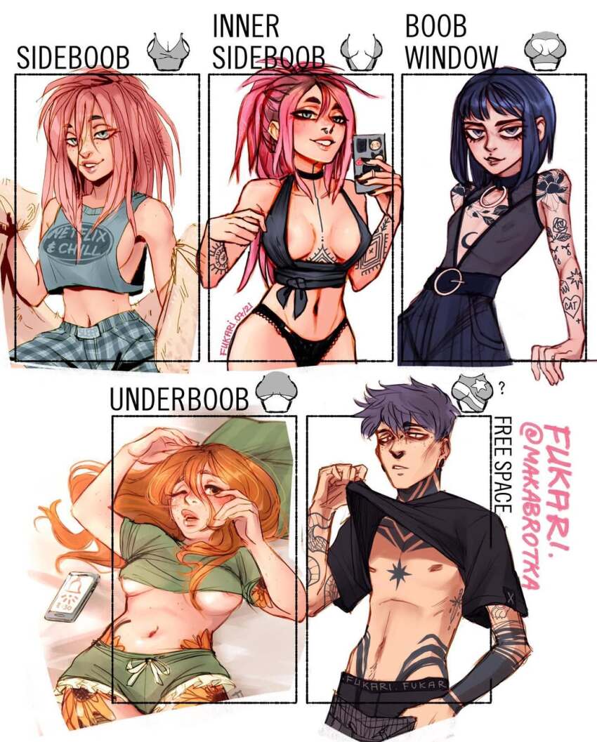 1boy areola_slip arm_tattoo belt black_hair black_panties blue_hair boxer_briefs boxers breasts breasts_apart character_request chest_tattoo choker clothes_lift crop_top ear_piercing english_text face_piercing flat_chest fukari green_shirt green_shorts highres holding jewelry large_breasts long_hair looking_at_viewer male_underwear medium_breasts meme meme_attire midriff multiple_drawing_challenge multiple_girls navel navel_piercing nipples no_bra nose_piercing nose_ring o-ring o-ring_choker offelia_(fukari) one_eye_closed orange_hair original panties pants phone piercing pink_hair ponytail see-through_clothes shirt shirt_lift short_hair shorts sideboob small_breasts smile stomach_tattoo tattoo underboob underwear wardrobe_malfunction