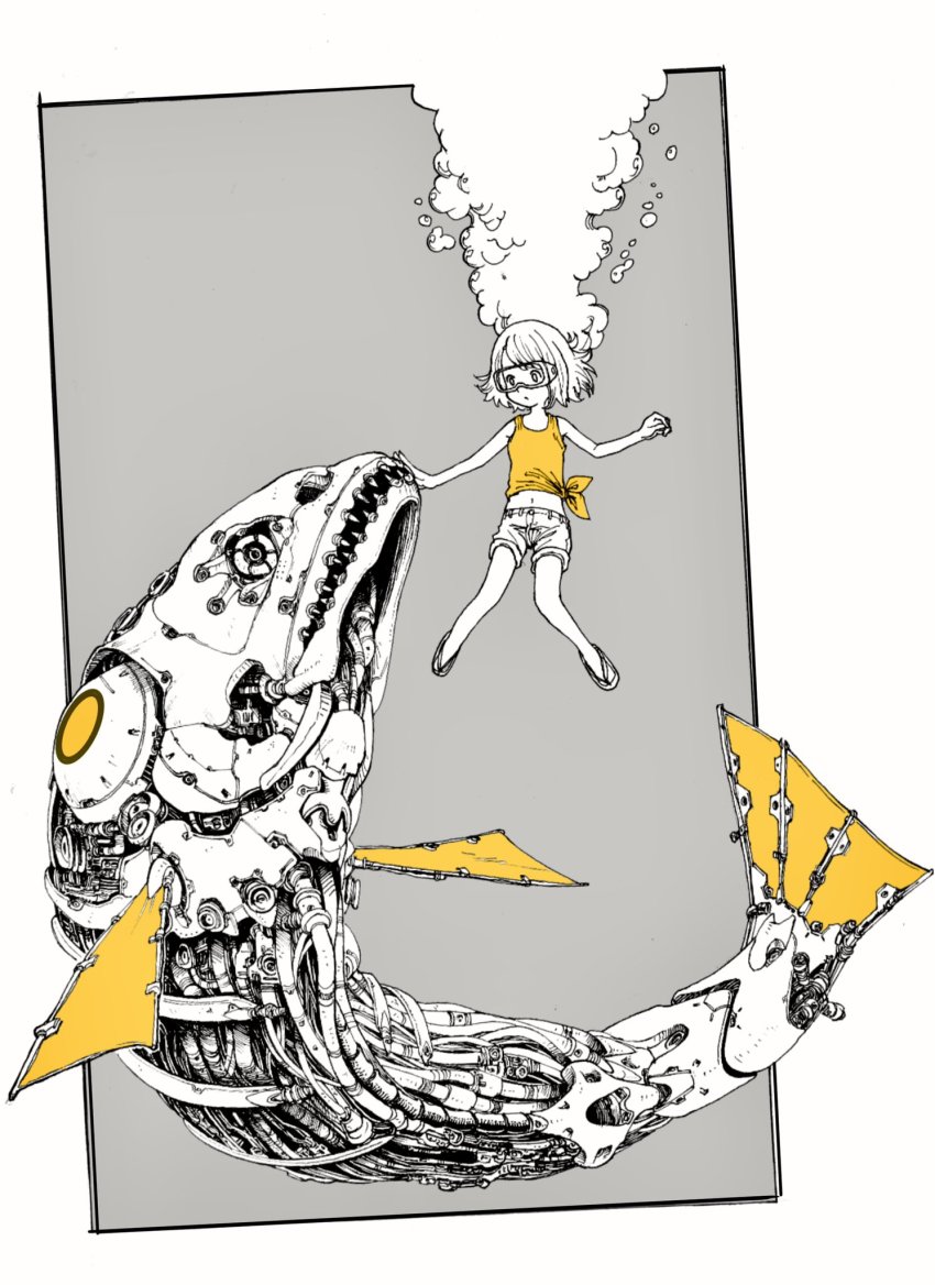 1girl air_bubble animal bare_arms bubble cable fish flip-flops freediving gears highres looking_away looking_to_the_side midriff monochrome navel non-humanoid_robot omao original outside_border outstretched_arms oversized_animal robot robot_animal robot_fish sandals shirt short_hair shorts shorts_rolled_up side-tie_shirt sleeveless sleeveless_shirt spot_color submerged tied_shirt underwater yellow_shirt yellow_theme