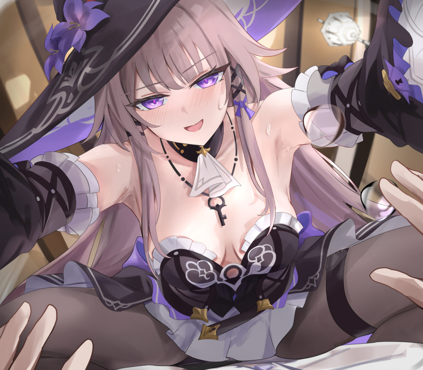 1boy 1girl armpits ascot black_dress black_hat black_pantyhose black_sleeves blush breasts brown_hair collarbone detached_sleeves dress flower hat hat_flower herta_(honkai:_star_rail) highres honkai:_star_rail honkai_(series) indoors jewelry key key_necklace long_hair medium_breasts necklace open_mouth pantyhose pov purple_eyes reaching reaching_towards_viewer solo_focus strapless strapless_dress the_herta_(honkai:_star_rail) tomas_(kaosu22) white_ascot witch_hat