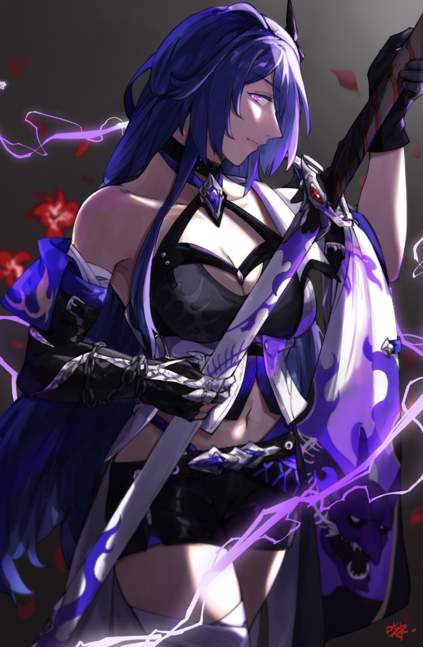 1girl acheron_(honkai:_star_rail) black_choker black_gloves black_shorts breasts choker cleavage commentary_request cowboy_shot gloves highres holding holding_sword holding_weapon honkai:_star_rail honkai_(series) katana looking_at_viewer midriff navel purple_eyes purple_hair sakuremi scabbard sheath sheathed short_shorts shorts single_bare_shoulder solo standing sword thighs weapon