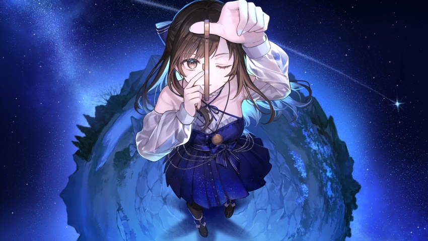 1girl arms_up astrolabe bare_shoulders black_footwear blue_dress blue_sky bow brown_eyes brown_hair choker detached_sleeves dress fingernails hair_bow hair_ribbon halterneck hanabasami_kyou highres hkina7 holding jewelry long_hair looking_at_viewer mountain one_eye_closed panorama pendant re:act ribbon shooting_star sky solo star_(sky) starry_sky tree virtual_youtuber