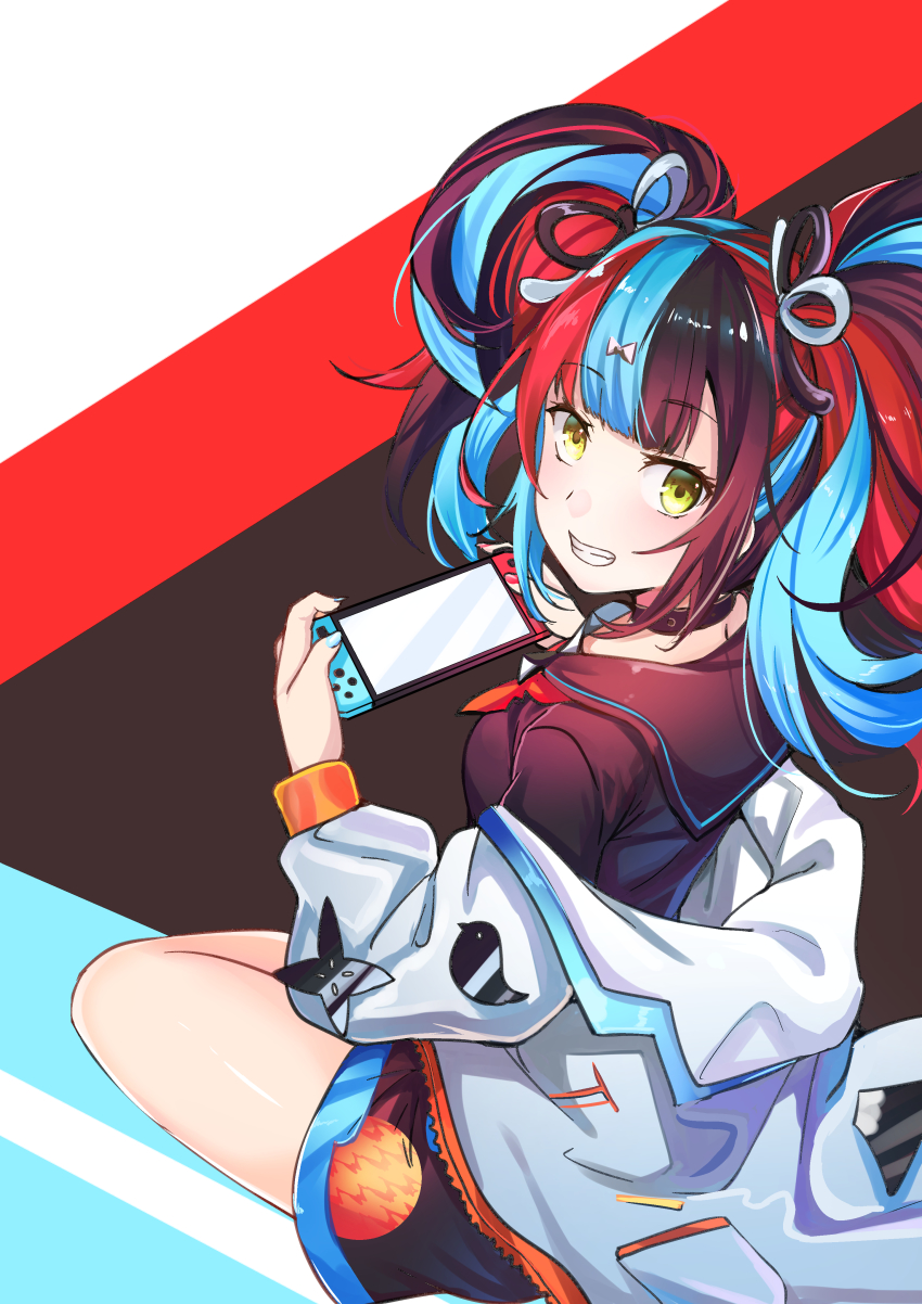 1girl absurdres choker color_connection fate/grand_order fate_(series) female_focus from_behind grin highres jeffrey10 looking_back multicolored_hair nail_polish nintendo_switch off-shoulder_jacket off_shoulder playing_games sailor_collar sei_shounagon_(fate) sitting smile solo sparkling_archer twintails yellow_eyes