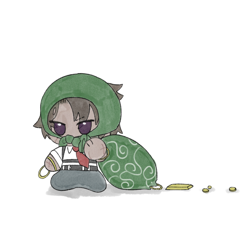 1boy black_pants brown_hair chibi coin collared_shirt dark-skinned_male dark_skin full_body gold heathcliff_(project_moon) highres holding holding_sack jewelry kitaku_(ienikaeru) limbus_company necklace necktie pants parted_bangs project_moon purple_eyes red_necktie sack shirt solo white_shirt