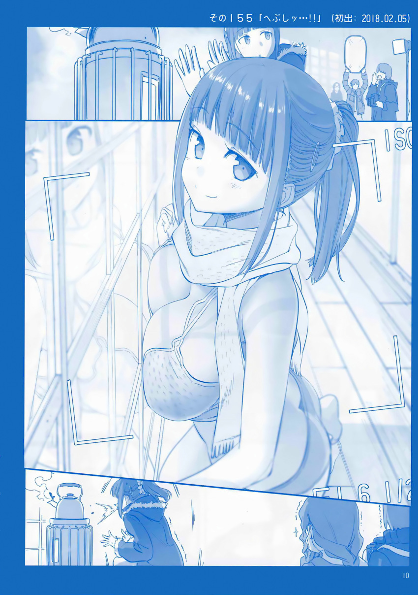 1girl absurdres against_glass ass bikini blue_theme bra breast_press breasts breasts_on_glass butt_crack camisole cheer-chan_(tawawa) cleavage coat cold comic getsuyoubi_no_tawawa heater highres himura_kiseki large_breasts light looking_at_viewer modeling monochrome panties ponytail pot range_finder reflector_(photography) scan scarf silent_comic smile sneezing solo_focus swimsuit trembling underwear viewfinder