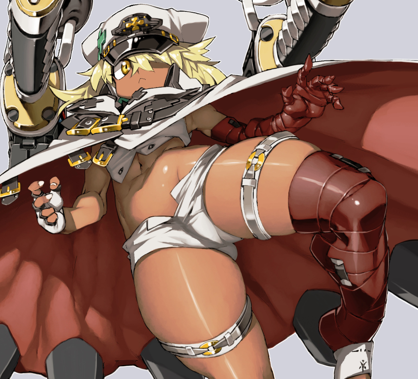 1girl bandages belt cape clover crop_top dark-skinned_female dark_skin feet_out_of_frame fighting_stance fingerless_gloves four-leaf_clover frown gloves guilty_gear guilty_gear_strive hair_between_eyes hair_over_one_eye hat highres kicking midriff multiple_belts navel platinum_blonde_hair ramlethal_valentine skindentation solo stomach sword thick_thighs thigh_strap thighs weapon white_cape white_gloves yellow_eyes ysk!