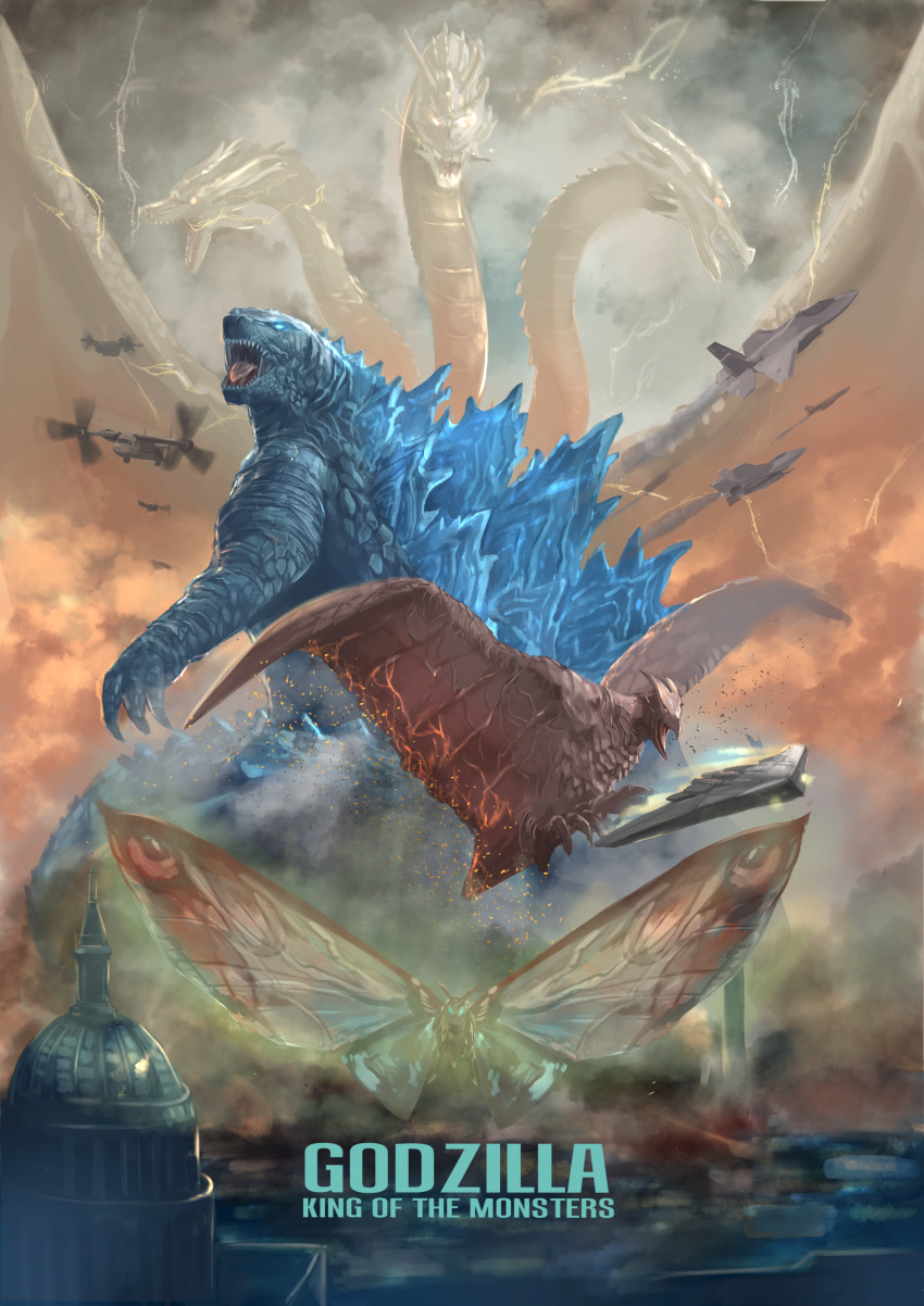 absurdres airborne_aircraft_carrier aircraft airplane alien blue_eyes bug conjoined dinosaur dragon electricity elemental_(creature) embers energy fighter_jet fire_elemental flying flying_wing giant giant_monster glowing glowing_eyes glowing_spikes godzilla godzilla:_king_of_the_monsters godzilla_(series) highres hydra insect kaiju king_ghidorah lava legendary_pictures lightning lightning_elemental military military_vehicle monster monsterverse moth mothra multiple_heads no_pupils pterosaur real_world_location red_eyes rodan sea_monster space_monster spikes storm storm_cloud tail tiltrotor toho united_states_capitol uss_argo utarion uutan_(shibainu_kakumei) v-22_osprey washington_d.c. wings yellow_eyes