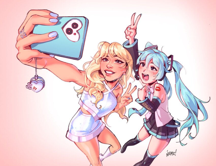 2girls black_skirt black_sleeves blonde_hair blue_hair blue_necktie blue_shirt blue_skirt cellphone cellphone_charm charm_(object) commentary detached_sleeves english_commentary from_above grey_shirt halter_shirt halterneck hatsune_miku highres holding holding_phone lipstick_mark lipstick_mark_on_arm long_hair long_sleeves multiple_girls necktie nemnums open_mouth phone pink_lips pleated_skirt real_life sabrina_carpenter selfie shirt signature skirt sleeveless sleeveless_shirt smartphone smile twintails v very_long_hair vocaloid